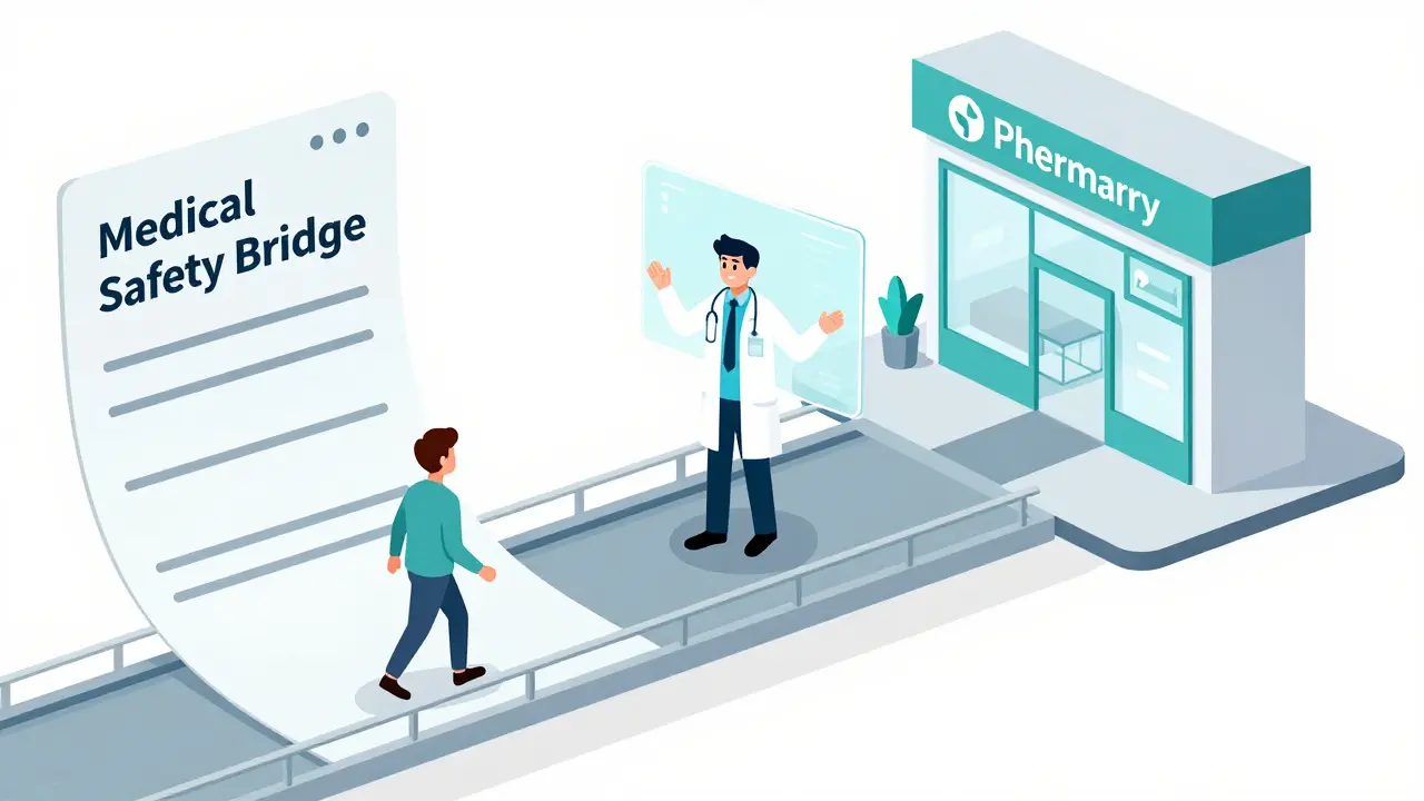 Patient crossing a bridge to a pharmacy while consulting a doctor via a hologram