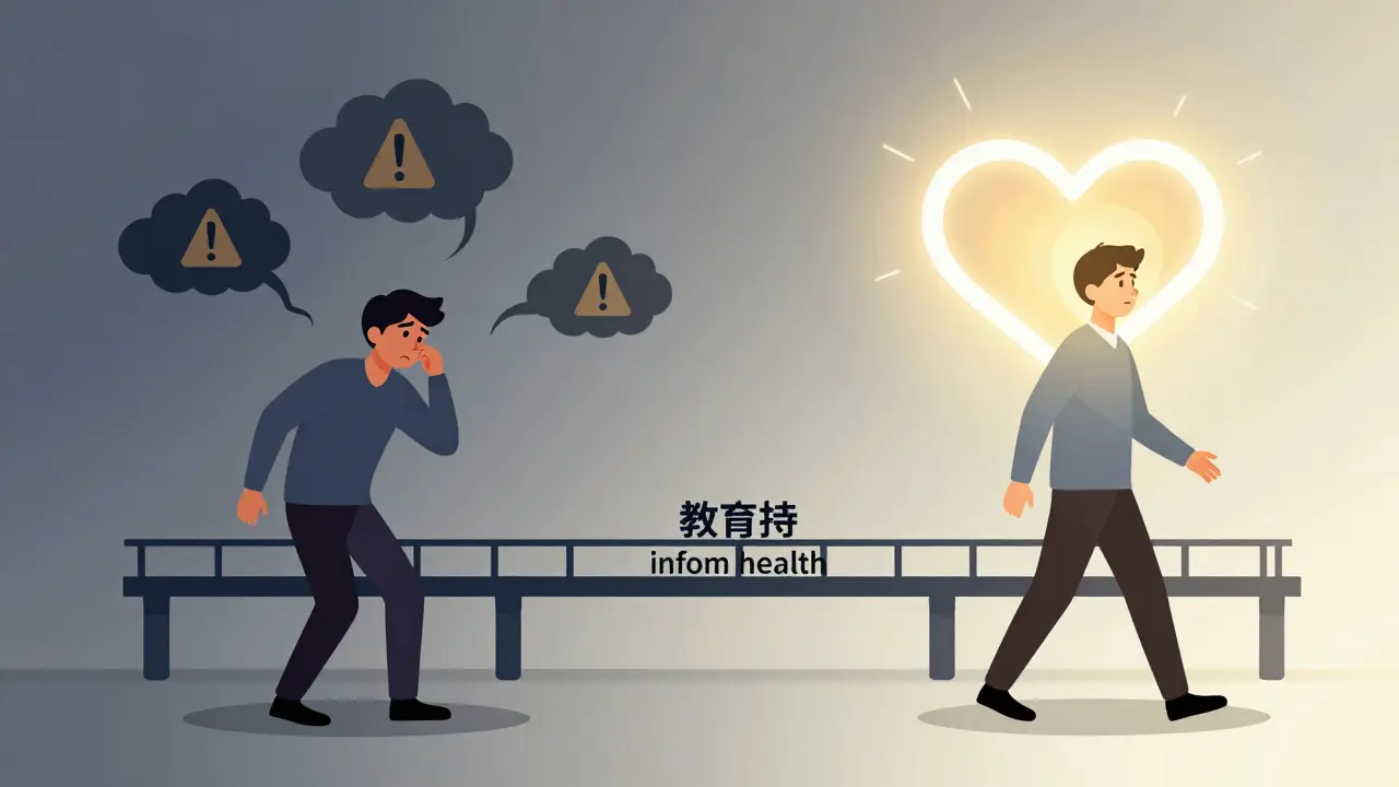 Person transitioning from a cloudy area of fear to a sunny area with a glowing heart symbol