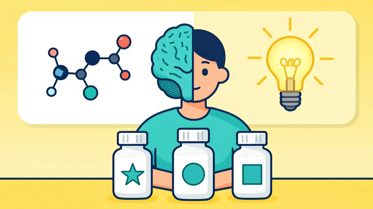 Person with three identical pill bottles and a brain diagram showing chemical vs expectation