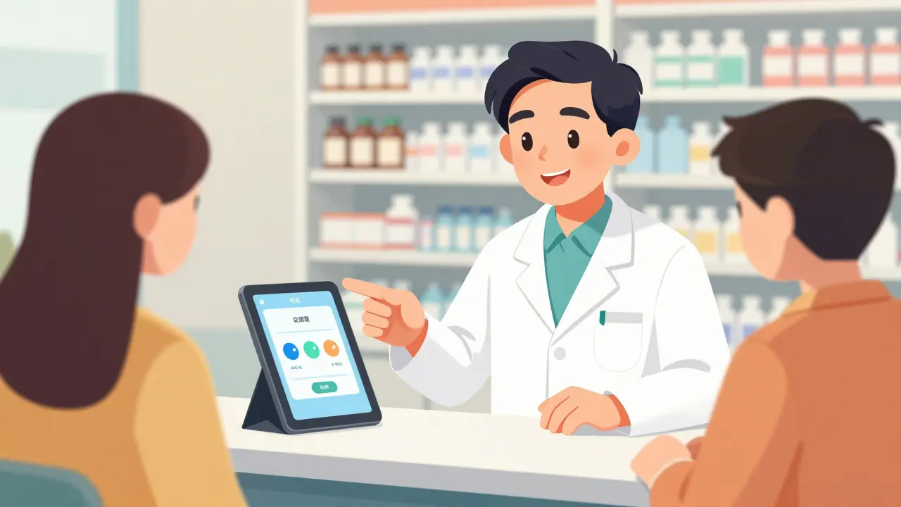 Pharmacist explaining the visual differences of authorized generic medications to a patient