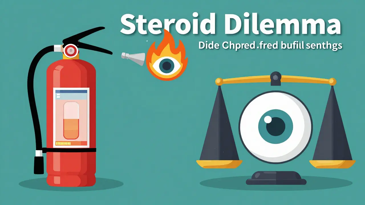 Split illustration showing a fire extinguisher putting out eye inflammation versus long-term steroid side effects.