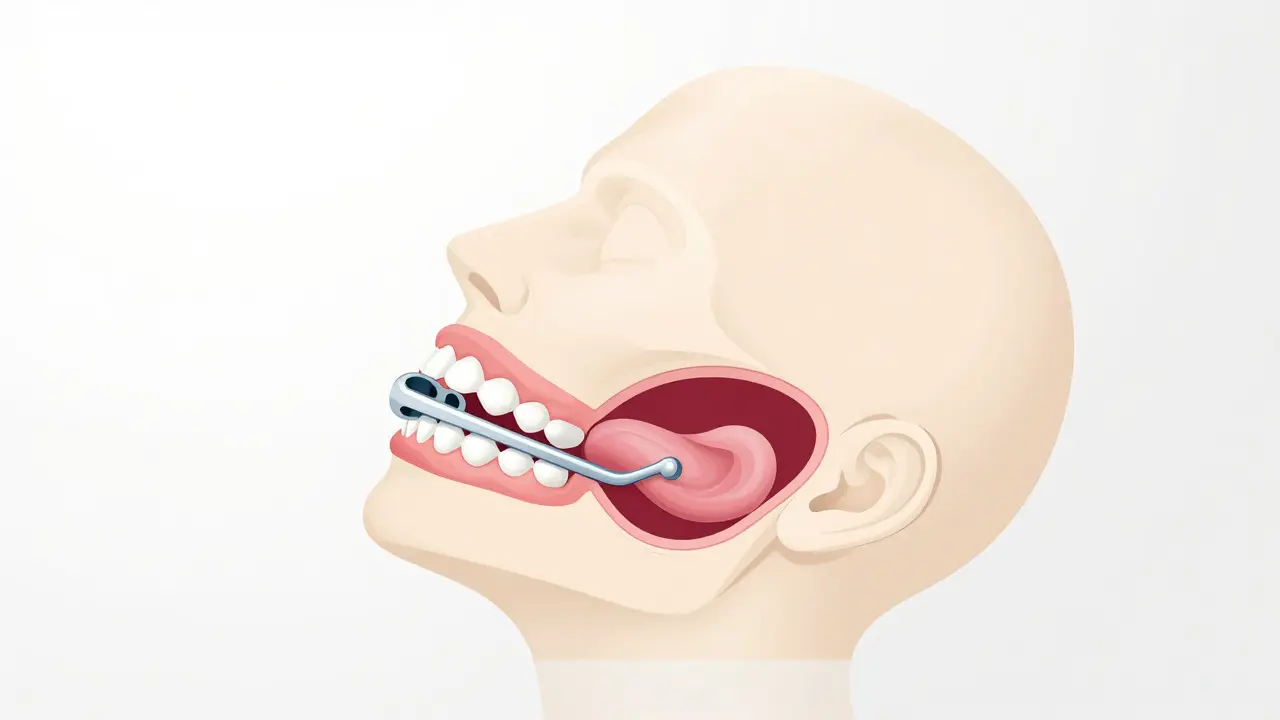 Anatomical illustration showing an open airway held by a jaw device.