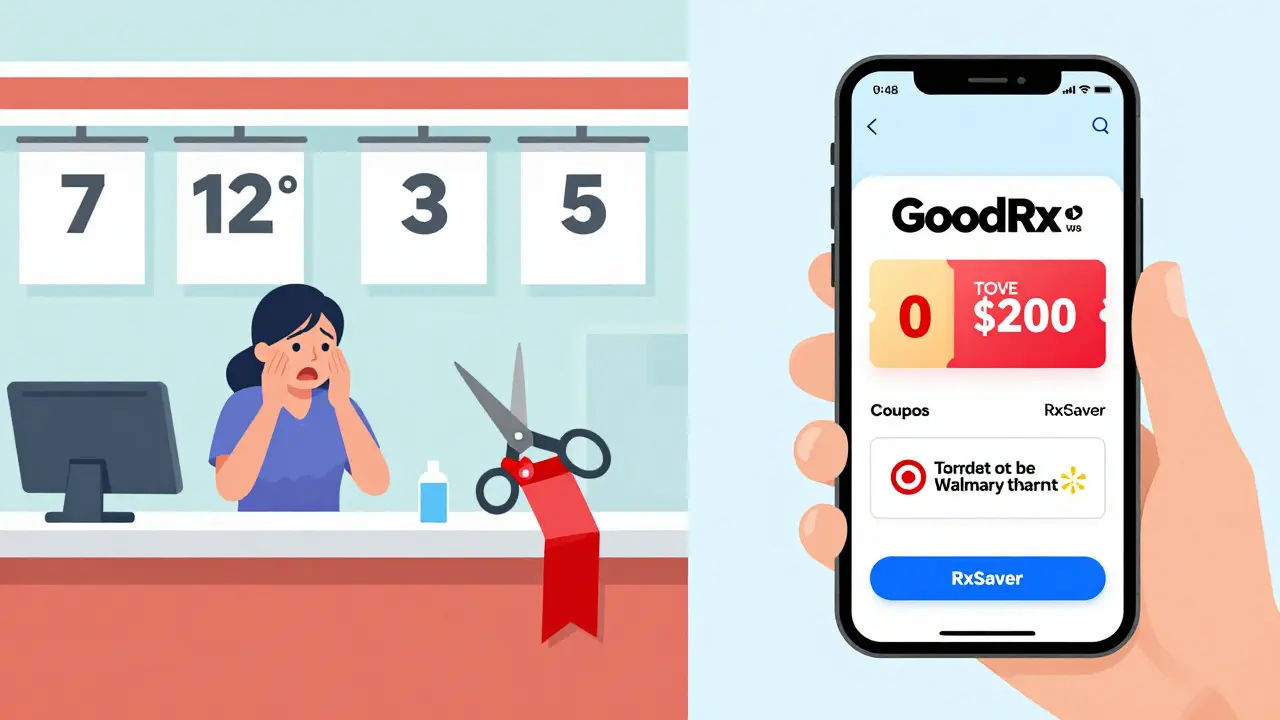 Cartoon comparison showing high pharmacy prices versus discounted rates using digital coupon apps.
