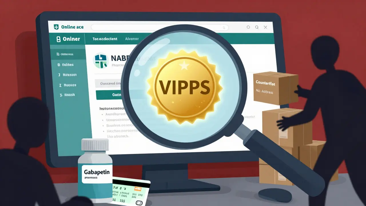 Cartoon highlighting verified pharmacy seals and safe medication