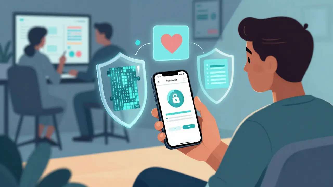 Cartoon showing a patient securely sharing health data via smartphone with digital shields.