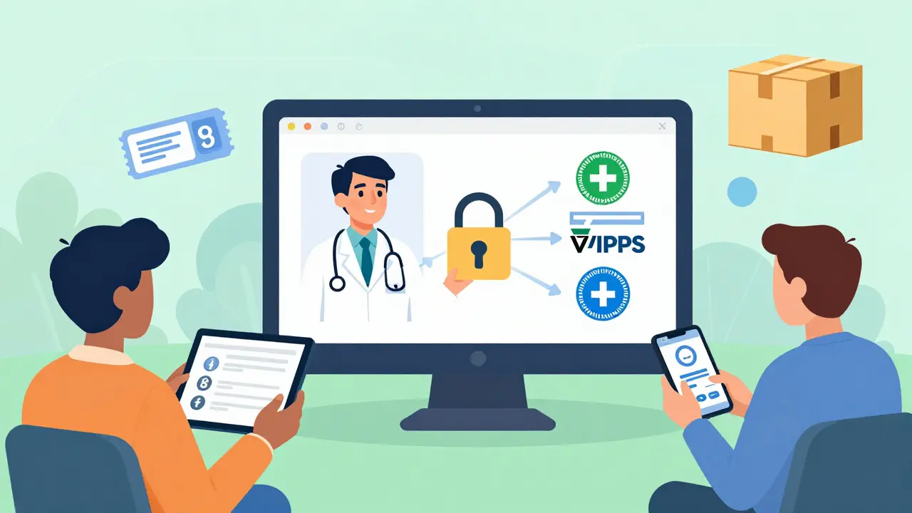 Cartoon showing people using telehealth apps to get prescriptions safely via verified online platforms.