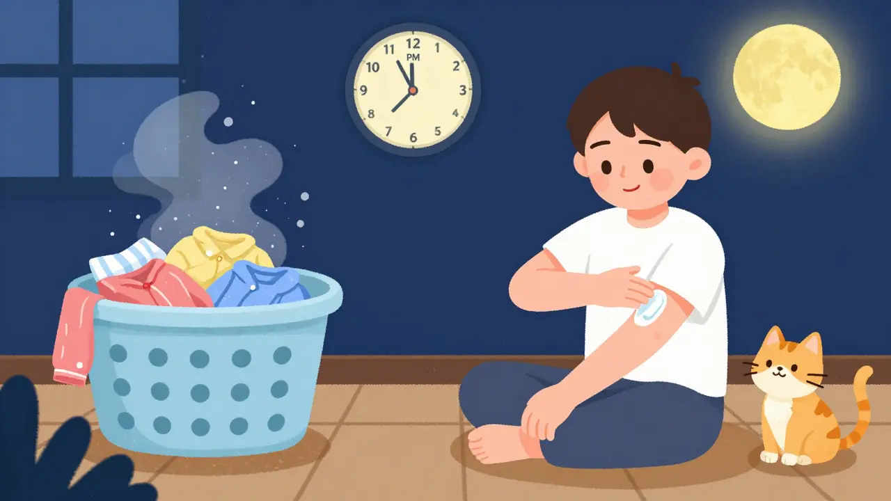 Character applying cream and washing laundry at night