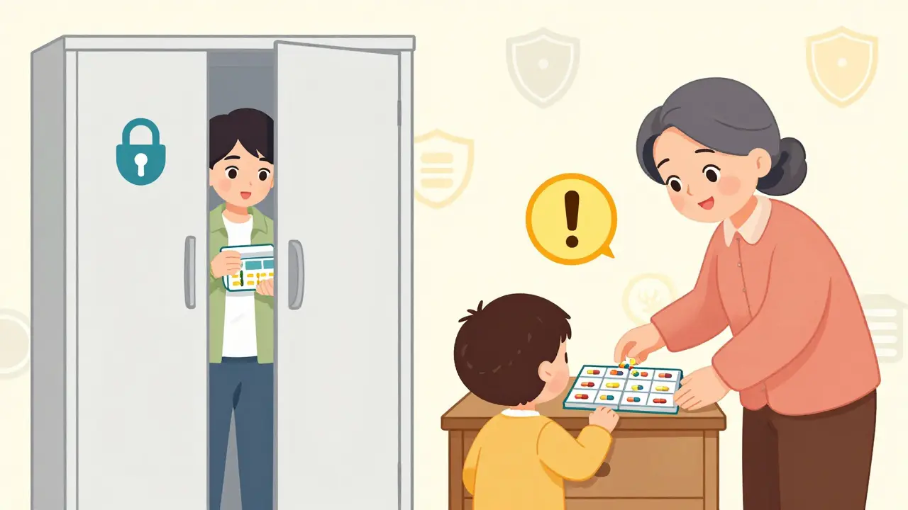 Comparison of safe vs unsafe medicine storage by parents and grandparents.