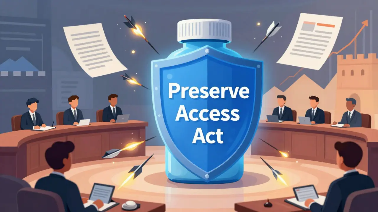 Conceptual art of legislative shield protecting generic drugs from brand attacks