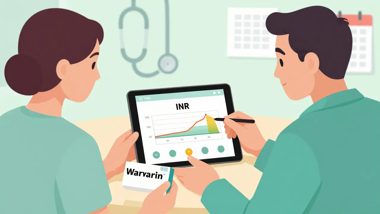 Doctor and patient reviewing INR levels and medication schedule on tablet