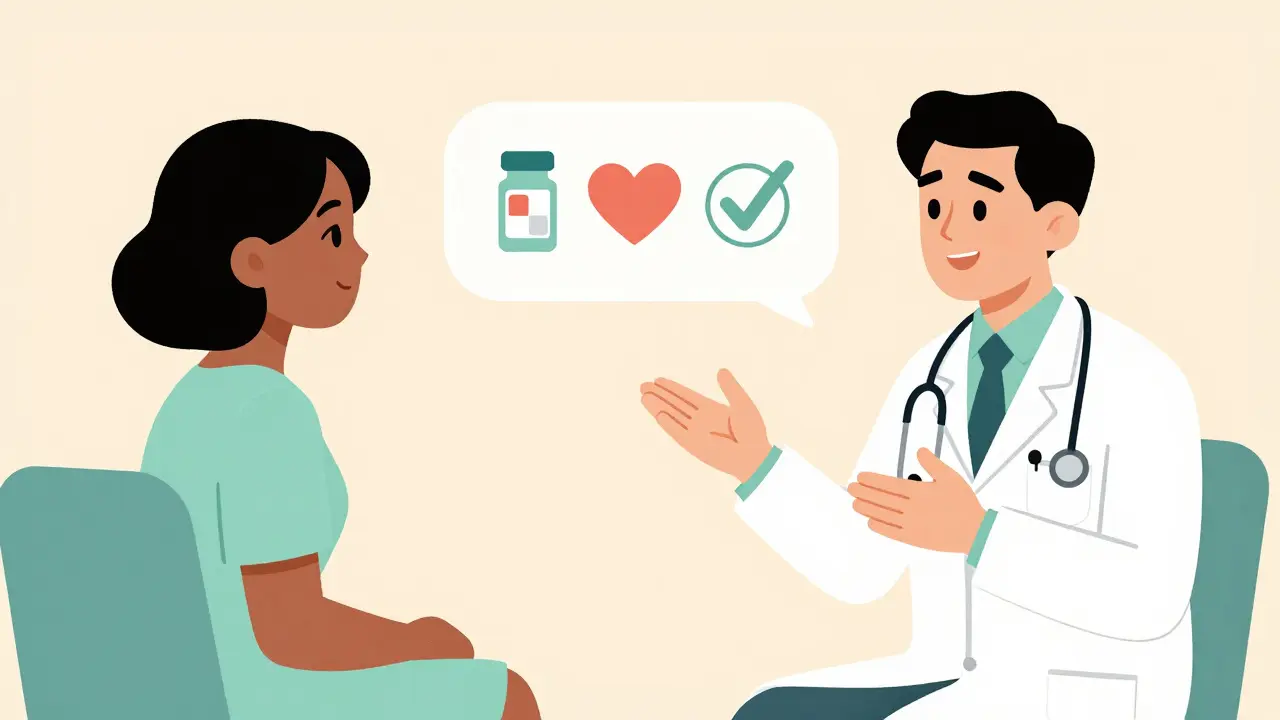 Editorial cartoon of a patient discussing side effects with a supportive doctor