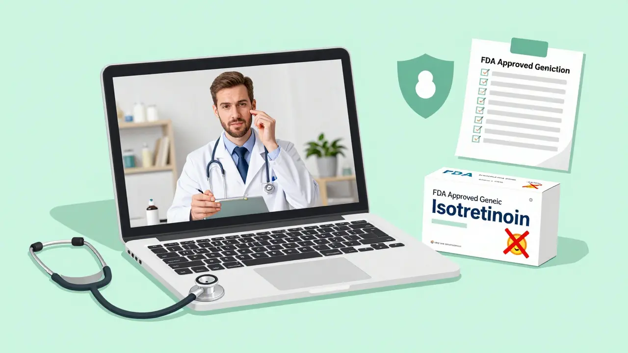 Editorial illustration of safe telemedicine consultation and secure delivery of FDA approved generic medication.