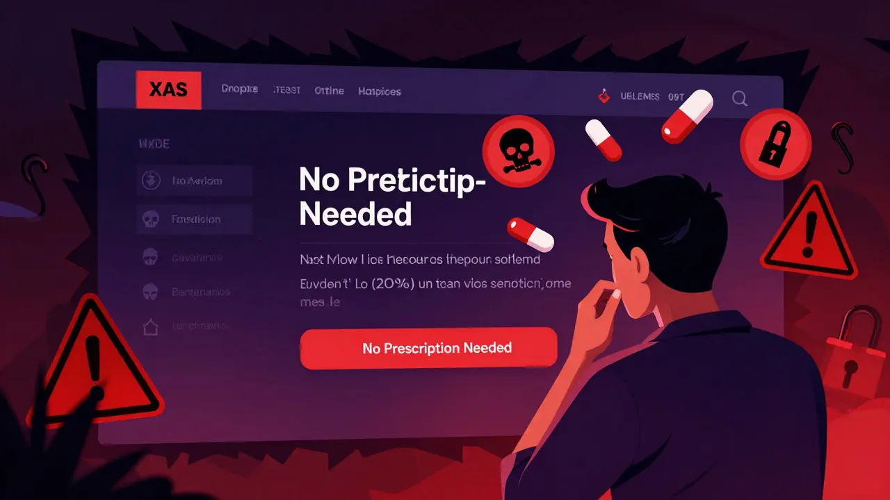 Editorial illustration warning against illegal online pharmacies with no prescription requirements and scams.