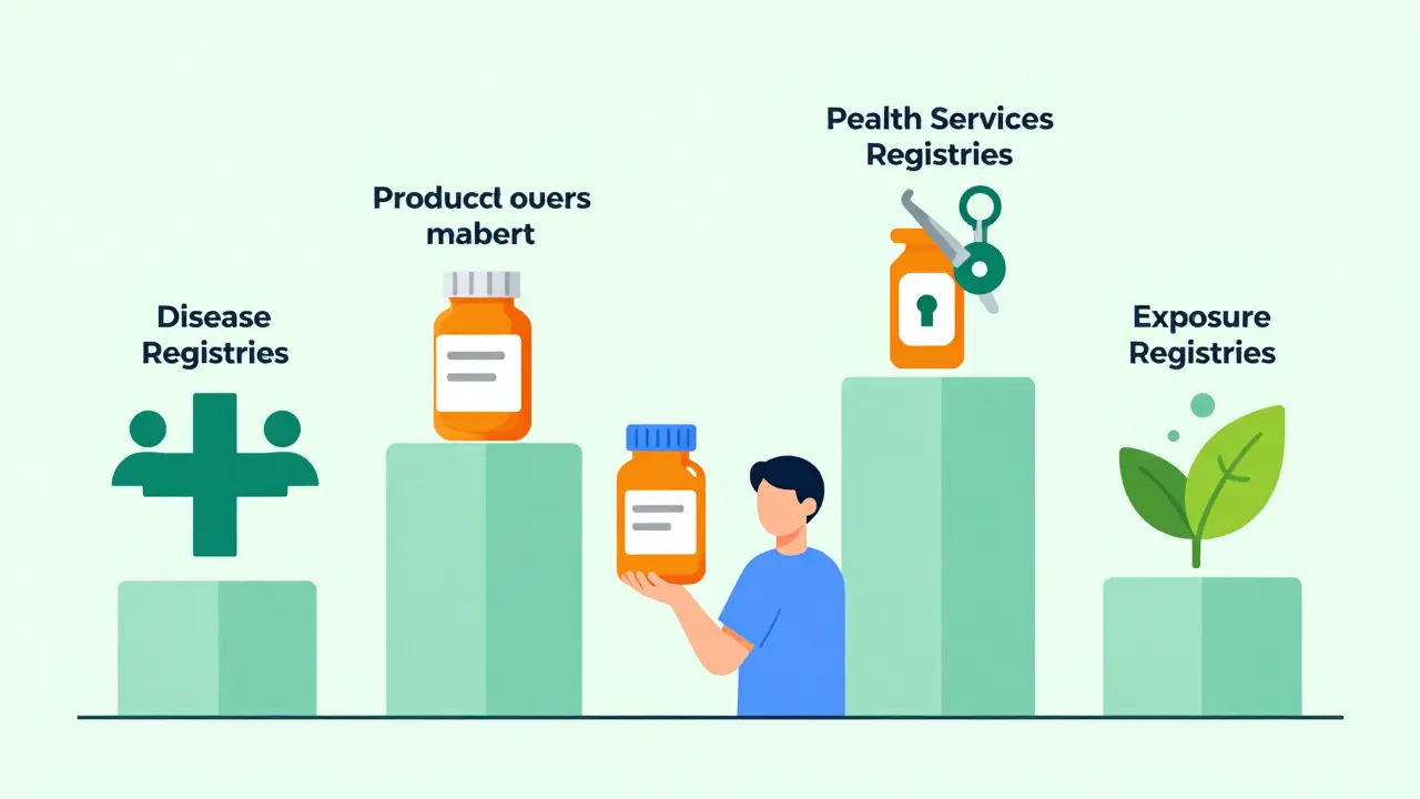 Four illustrated icons representing different types of medical patient registries.
