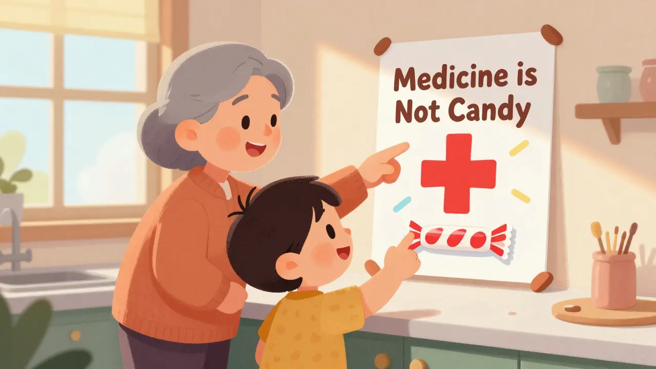 Grandparent teaching child about medicine safety with a poster.