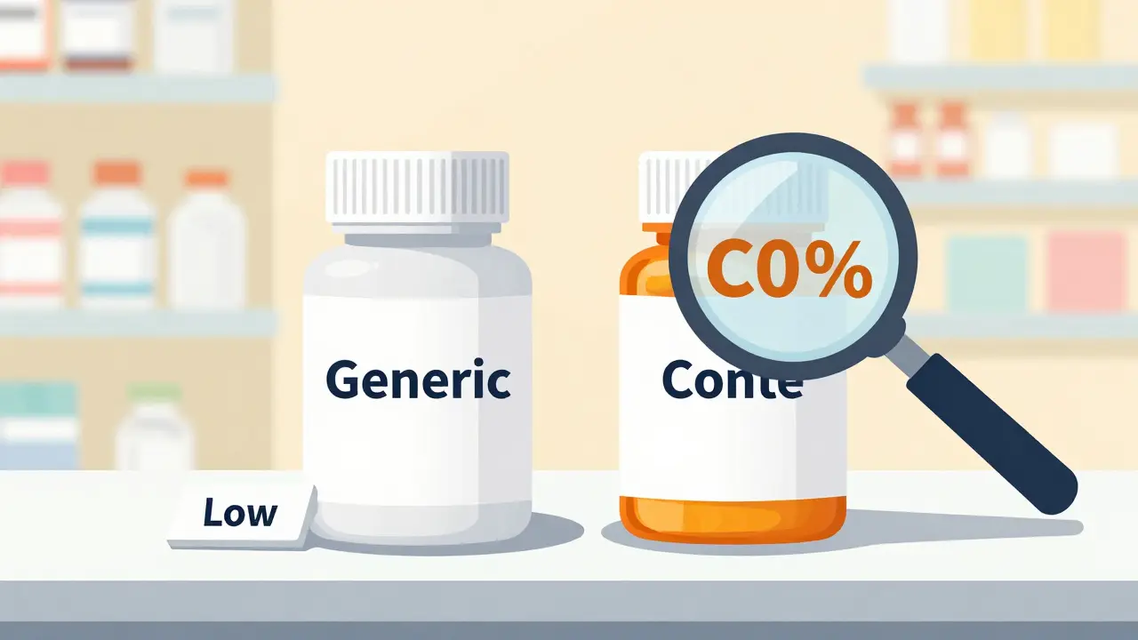 Illustration comparing cheap generic pills to expensive brand name medication