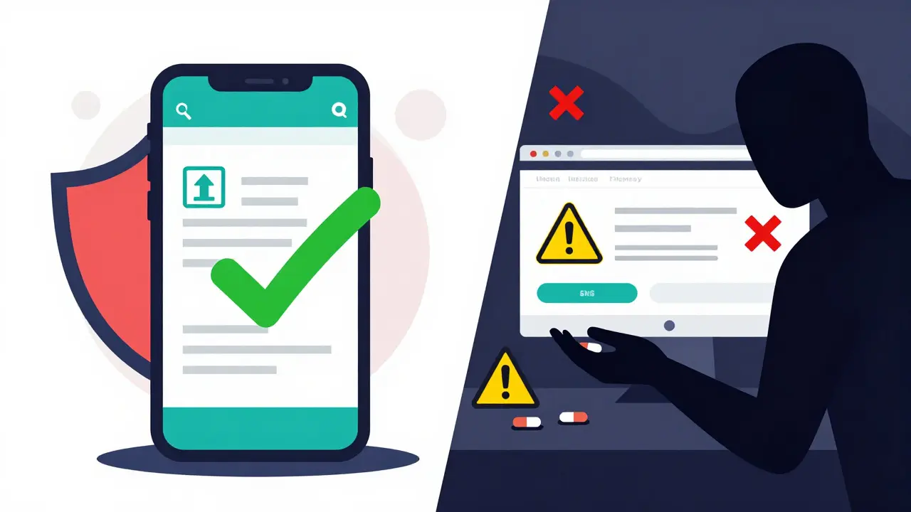 Illustration comparing safe verified online pharmacies to risky illegal sites