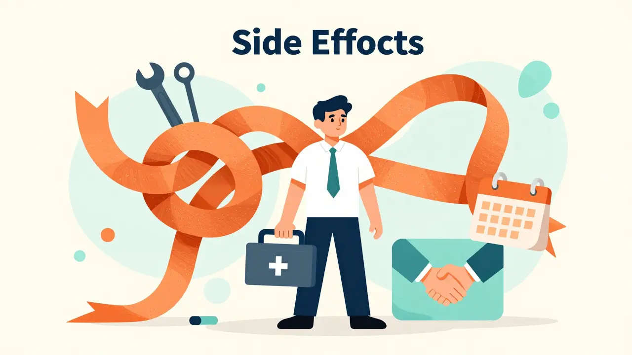 Illustration of a person using tools to untie a knot representing medication side effects