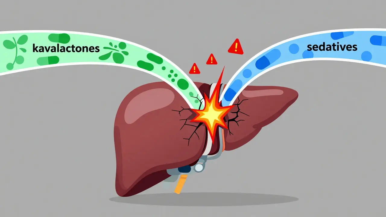 Illustration of liver stress caused by mixing kava and sedative drugs.