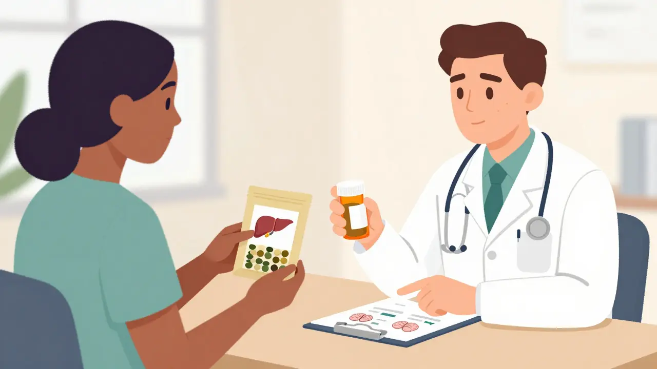 Patient discussing herbal supplements and prescriptions with a doctor.