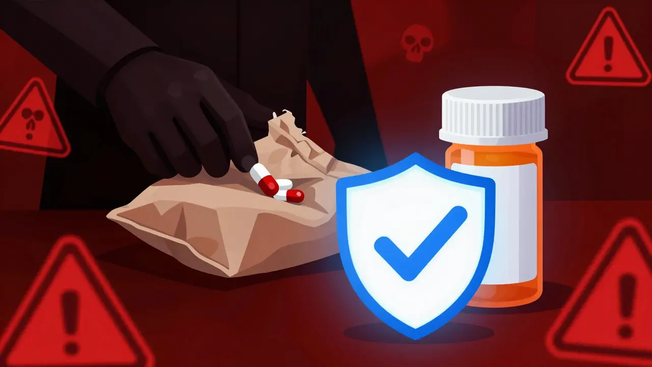 Warning graphic showing dangers of buying counterfeit drugs from illegal sites
