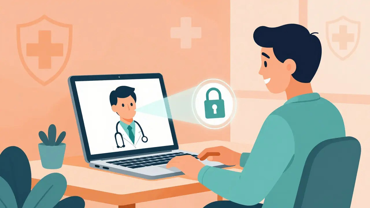 Cartoon of a person getting a secure online prescription via video call