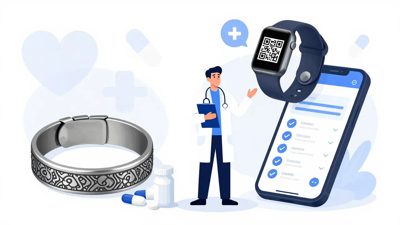 Comparison of traditional engraved vs. digital QR code medical ID bracelets.