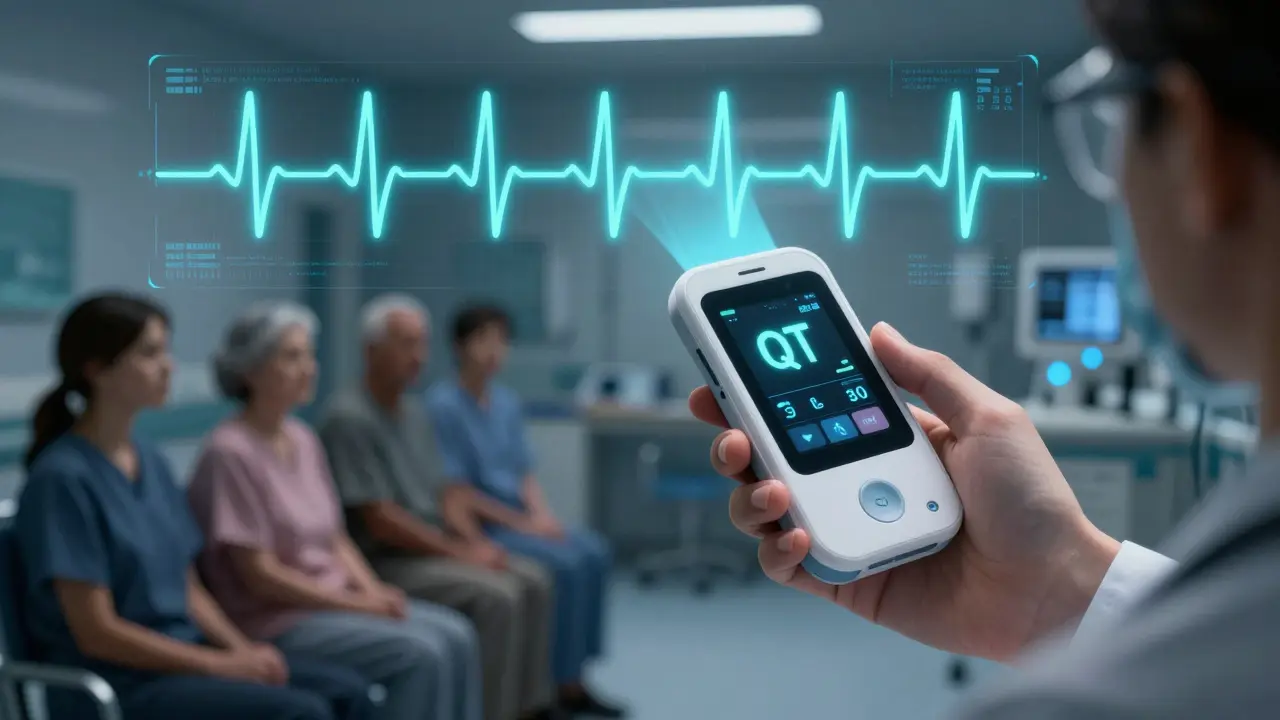 Handheld ECG device showing digital heart rhythm waveform