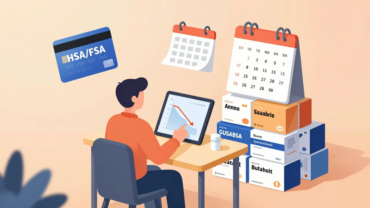 Illustration of a person using HSA cards and subscriptions to save money on medication.