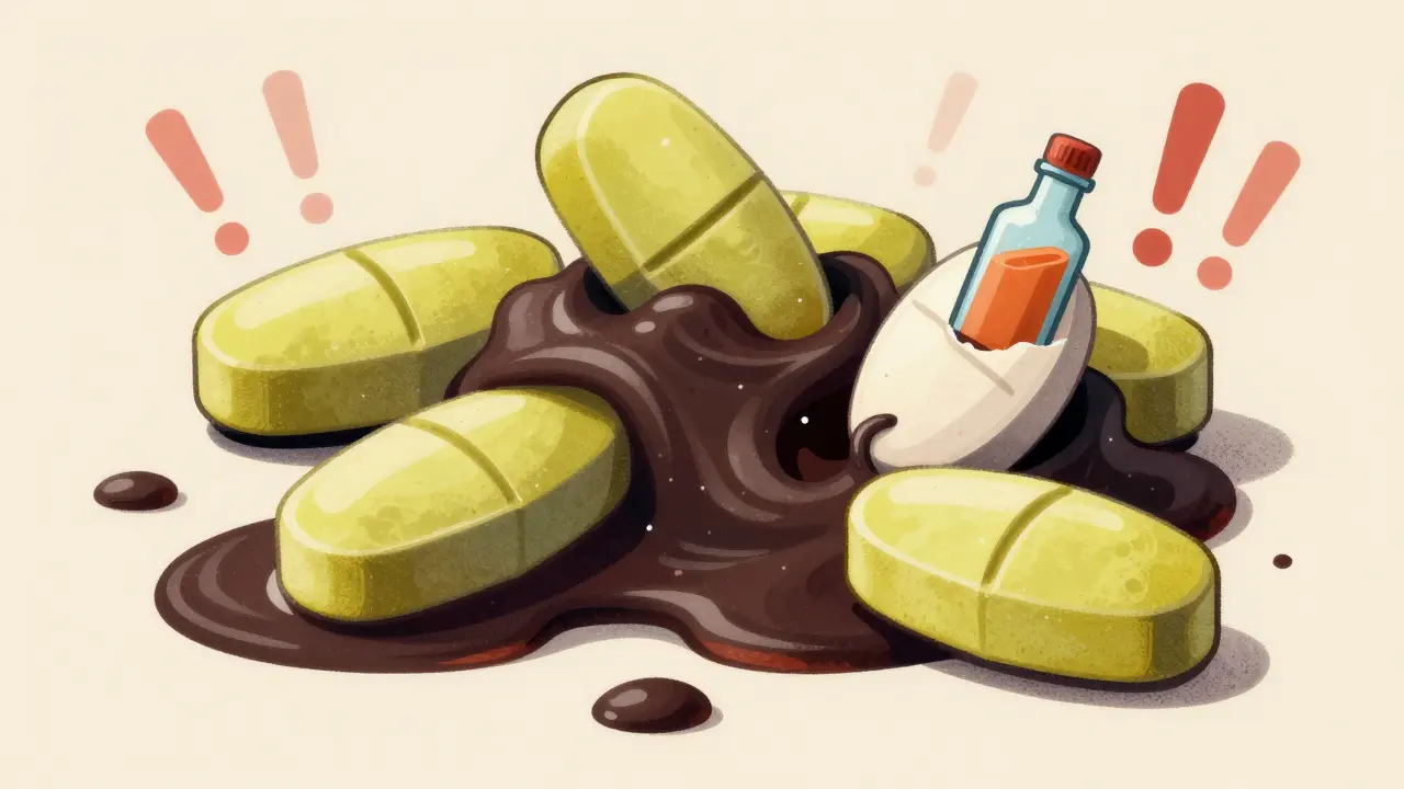 Illustration of damaged, clumped, and discolored pills