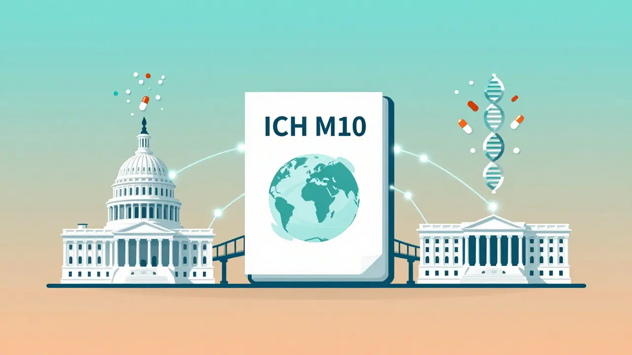 Illustration of global regulatory harmonization connecting different agencies via a unified guideline document.