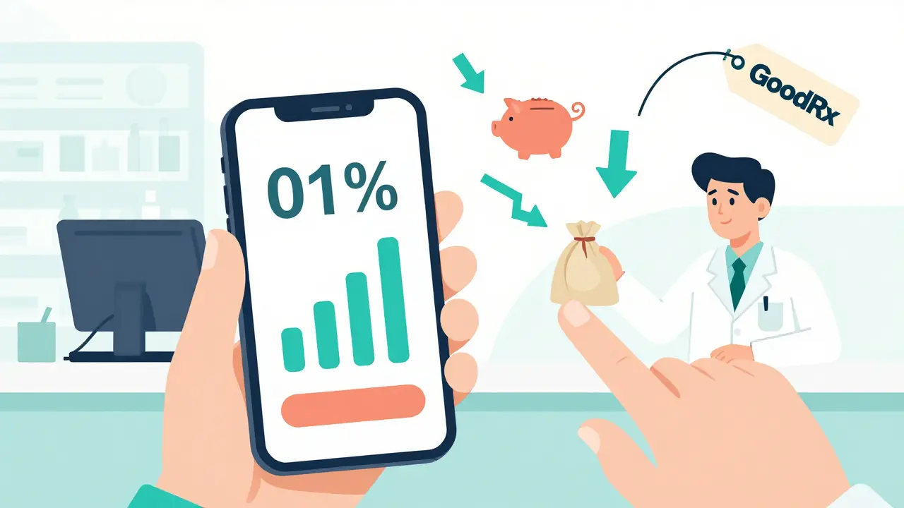 Illustration of using a phone coupon to save money at a pharmacy counter