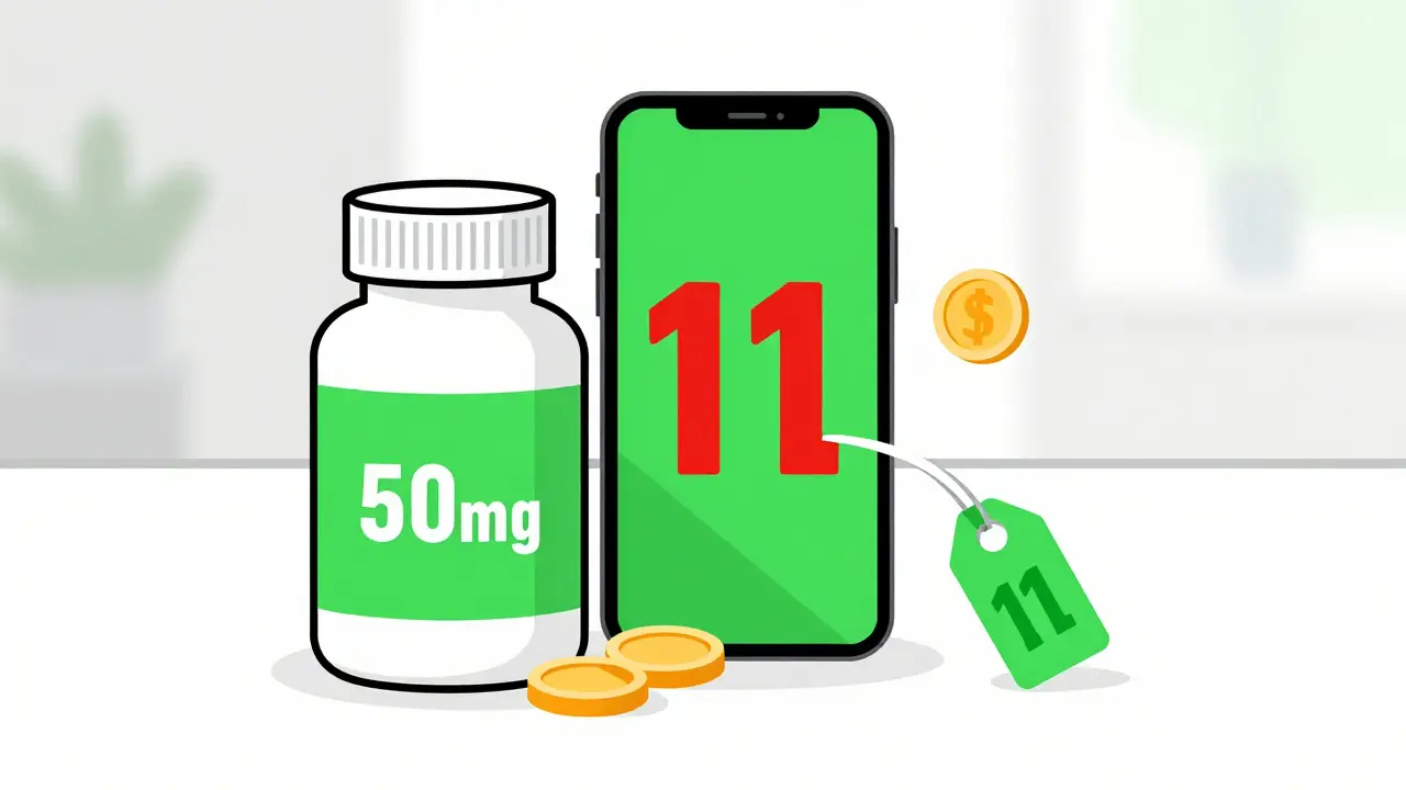Illustration showing a pill bottle and smartphone with coupon, symbolizing medication cost savings.
