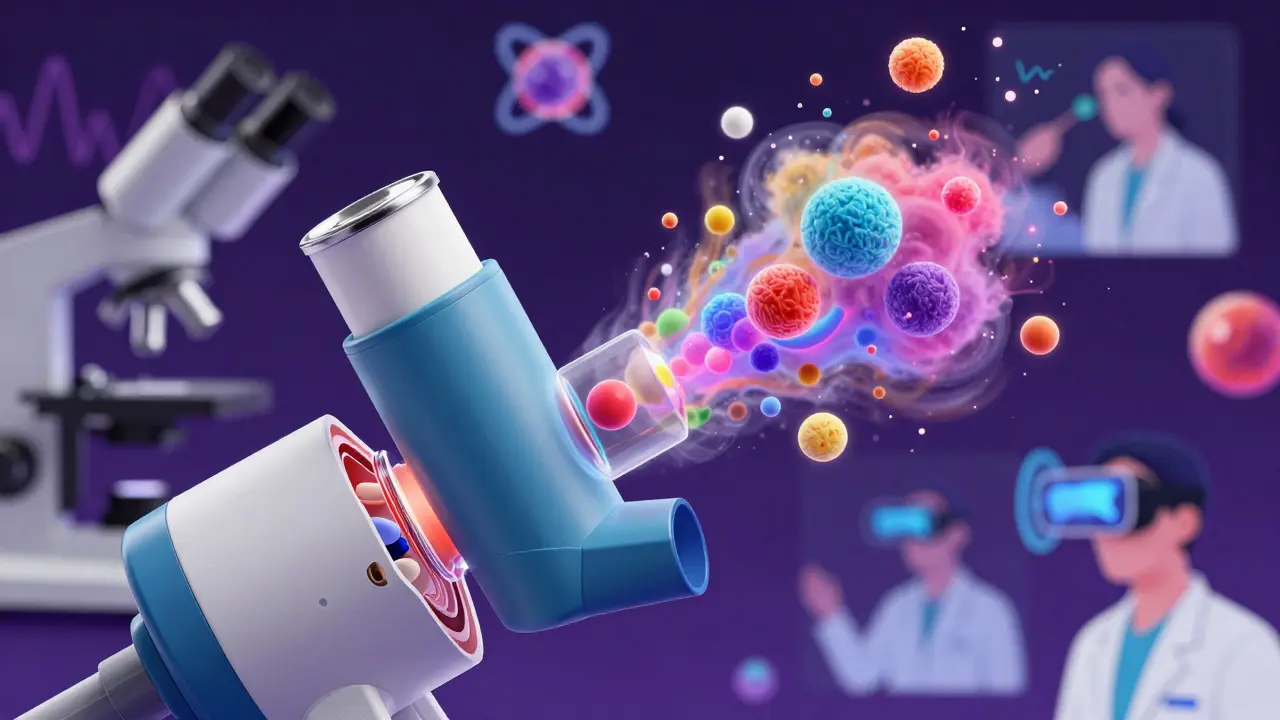 Macro view of an inhaler with microscopic drug particles and surrounding advanced imaging technology icons.