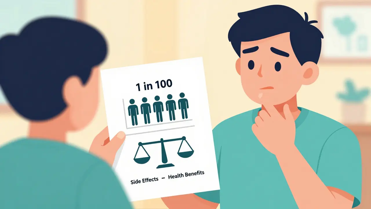 Patient holding a decision aid with clear risk icons and benefit scales
