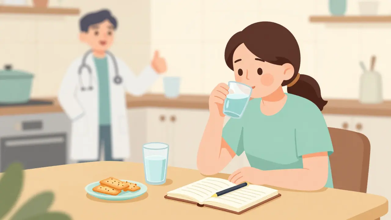 Patient managing side effects with bland food and symptom tracking