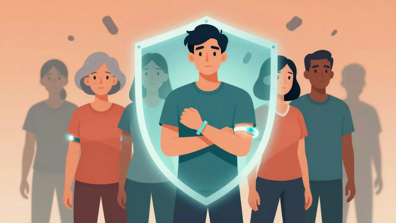 People protected by a glowing aura from their medical alert bracelets.