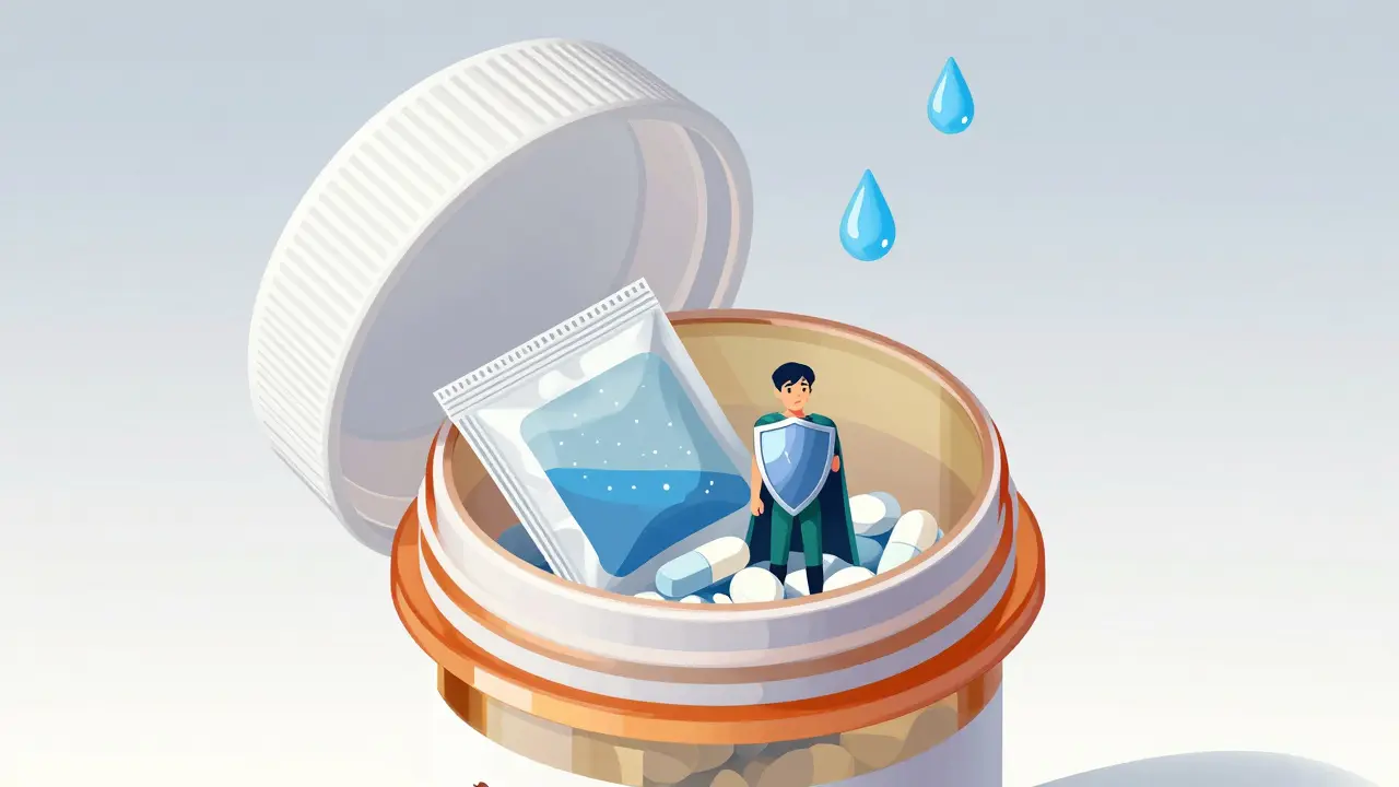 Silica gel packet protecting pills from moisture in bottle