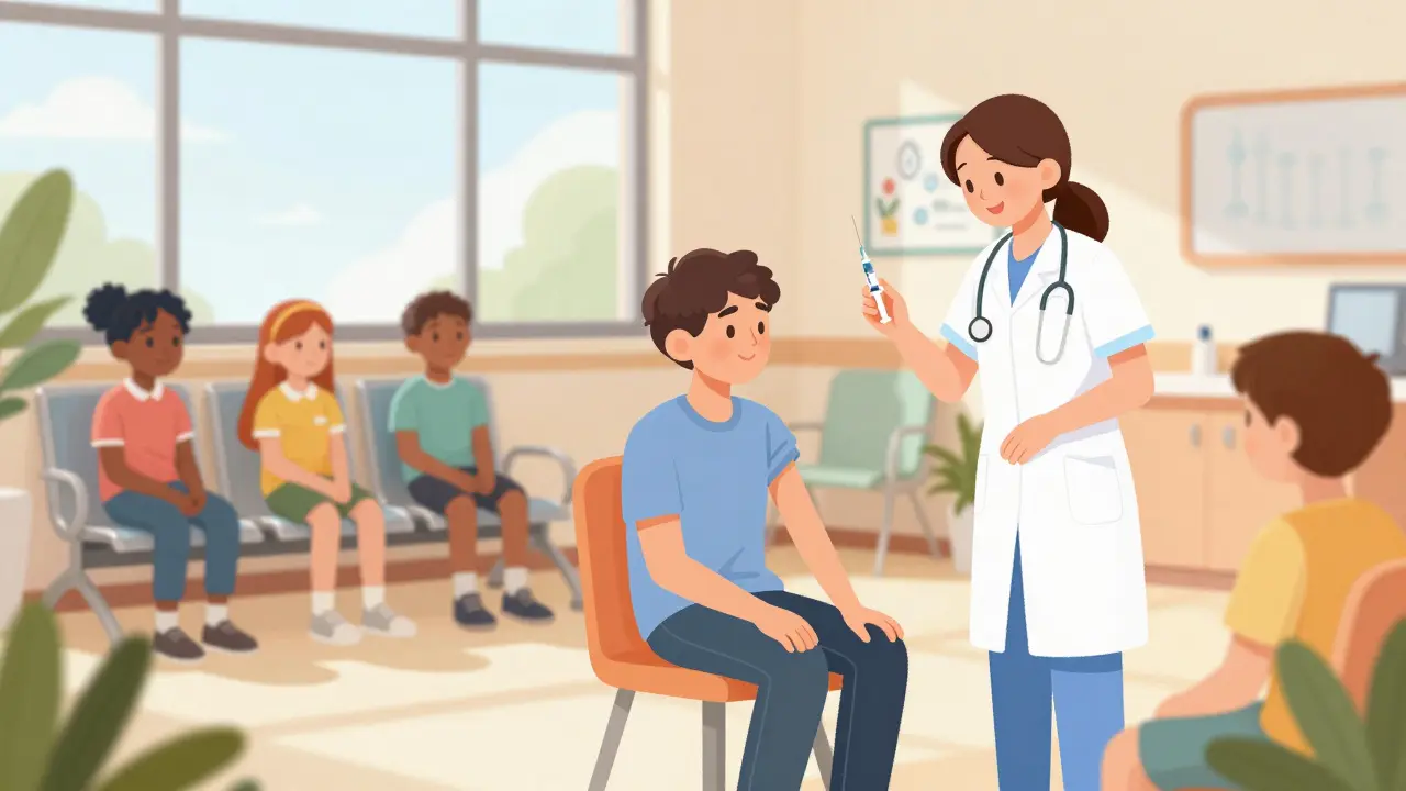 Teenagers receiving HPV vaccinations in a friendly, modern clinic setting.