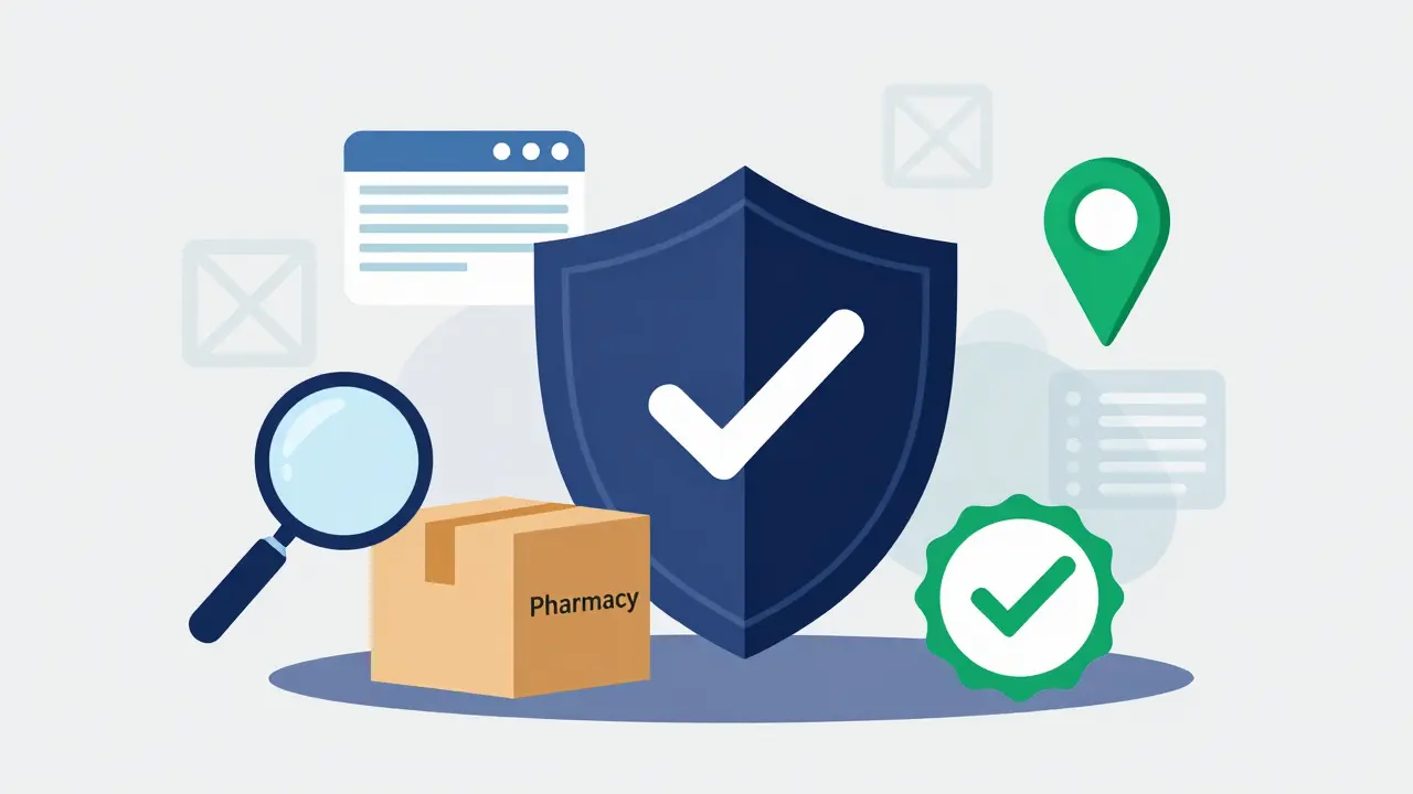 Vector art depicting a shield protecting a medicine package, representing safe online pharmacy practices.
