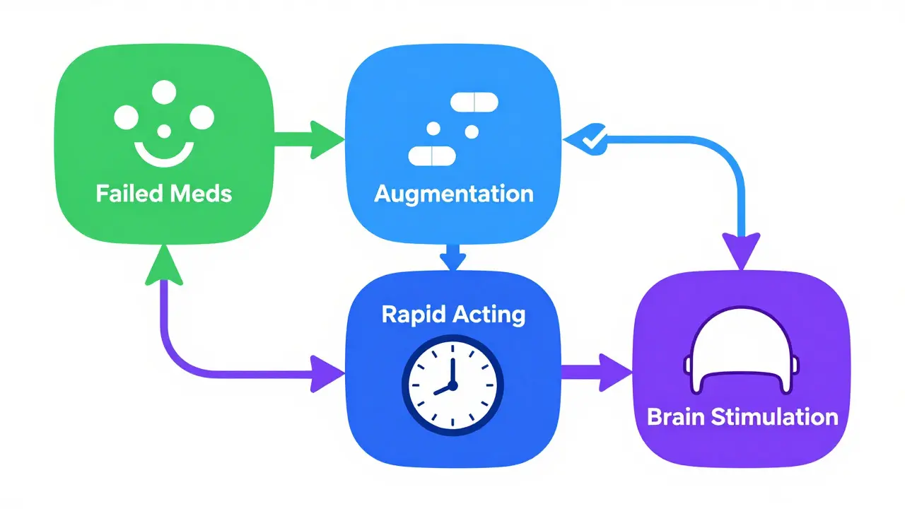 A clean, geometric flowchart illustration mapping the clinical pathways for Treatment-Resistant Depression, highlighting options like augmentation, esketamine, and rTMS.
