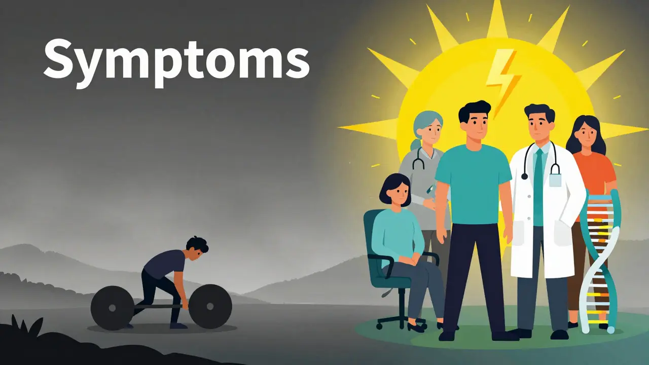 A contrast illustration depicting a patient moving from a dark, symptom-heavy state to a bright, supported recovery state through a combination of medical and psychological treatments.