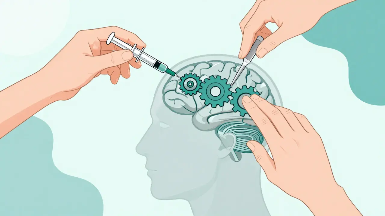A stylized illustration of a brain with internal gears being adjusted by external medical tools, symbolizing the complex management of depression through neuromodulation and pharmacology.