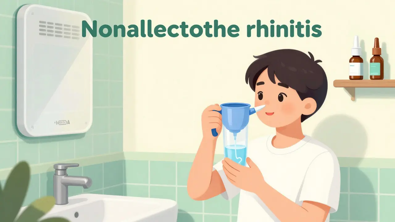 Cartoon depicting saline irrigation and air filters as management for rhinitis