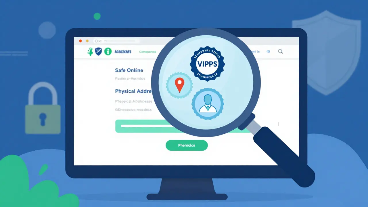 Cartoon showing safety checks for verifying legitimate online pharmacies