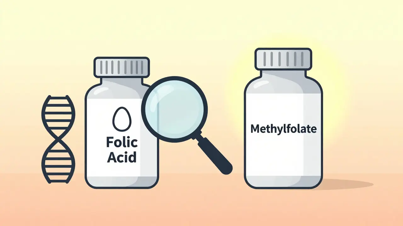 Comparison of folic acid and methylfolate bottles with magnifying glass