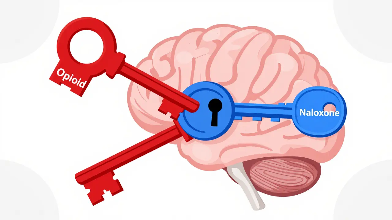 Conceptual illustration of naloxone displacing opioids from receptors