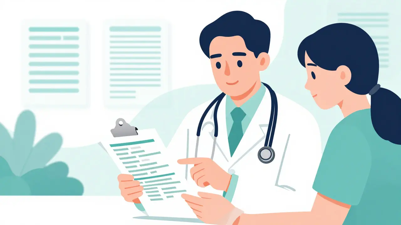 Doctor and patient reviewing medical records together