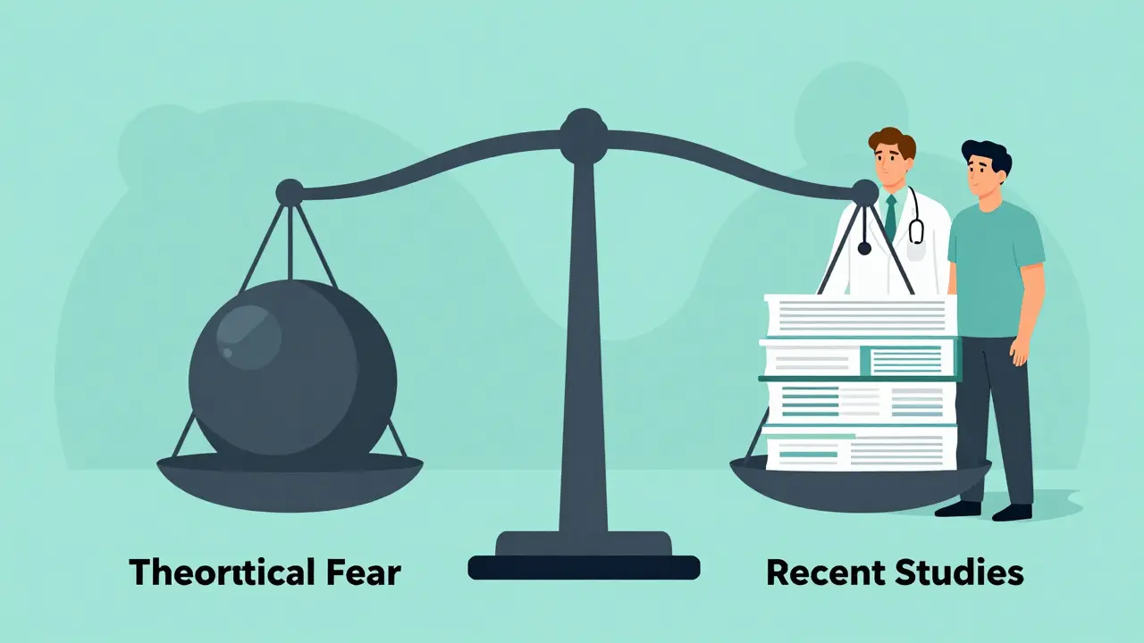 Editorial cartoon balancing medical fear against recent study data.