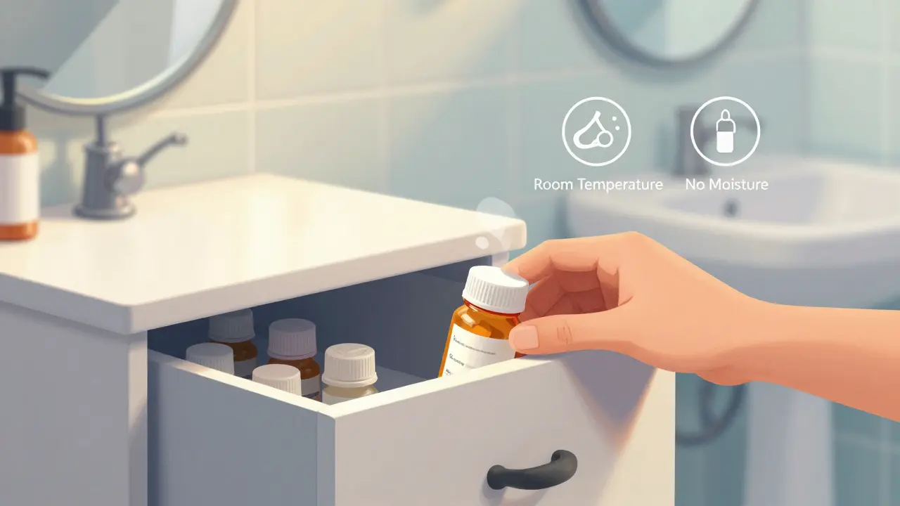Hand storing medication in a dry cabinet away from humid bathroom